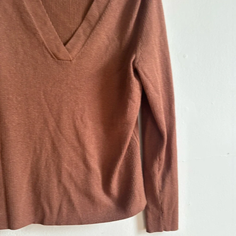 Anthropologie Maeve Sz XL Thea Brown Gold Metallic V Neck Sweater - Picture 5 of 11